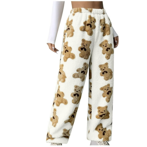 Womens Cute Bear Pajama Pants Winter Warm Soft Fluffy Plush Pjs Cinch Bottoms Animal Print Fuzzy Fleece Lounge Pants