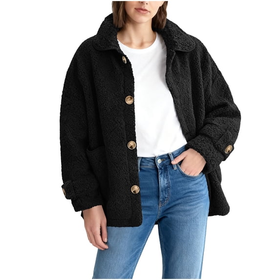 Womens Teddy Sherpa Fleece Jackets Fuzzy Warm Winter Jackets Button Down Coat Long Sleeve Outwear with Pockets