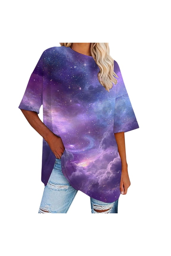 Womens Tee Casual Drop Shoulder Short Sleeve Celestial Starry Sky Print Summer Tops,Purple,L