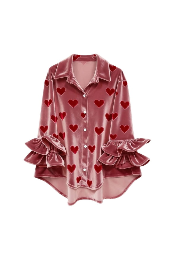 Womens Tee Casual Fashion Flounce Hem Long Sleeve Turn Down Collar Summer Clothes for Women,Pink,XXS