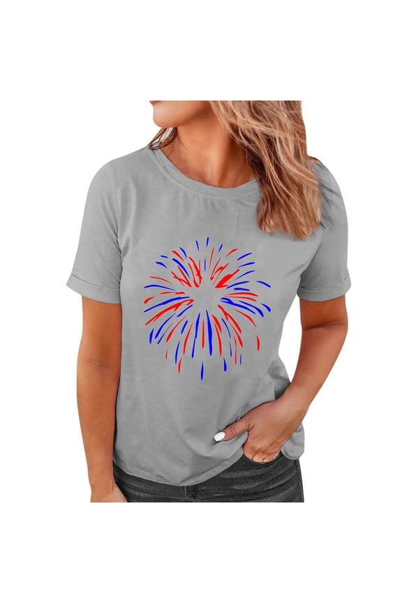 Womens Tee Casual Independence Day Printed Short Sleeves Fashion Beach Vacation Clothes for Women,Silver,XL