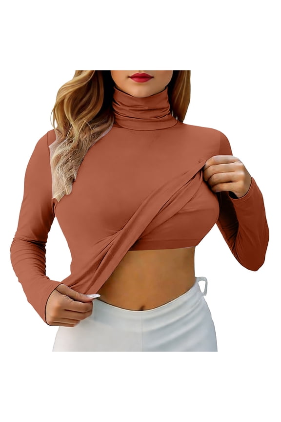 Womens Tee Casual Long Sleeve Turtleneck Slim Fitted Lightweight Layer School Outfits for Teachers,Orange,M