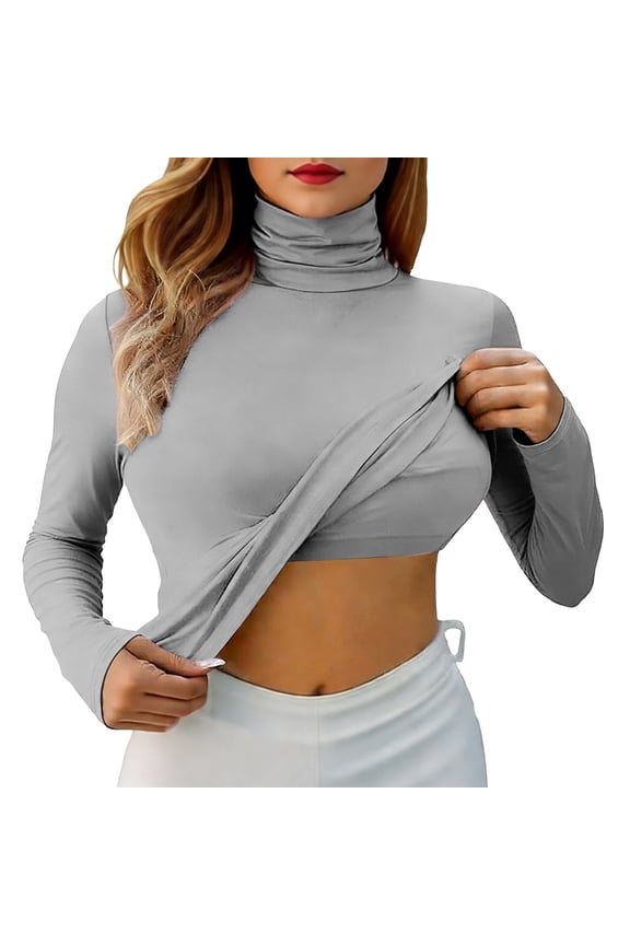 Womens Tee Casual Long Sleeve Turtleneck Slim Fitted Lightweight Layer Womens Blouse,Grey,L