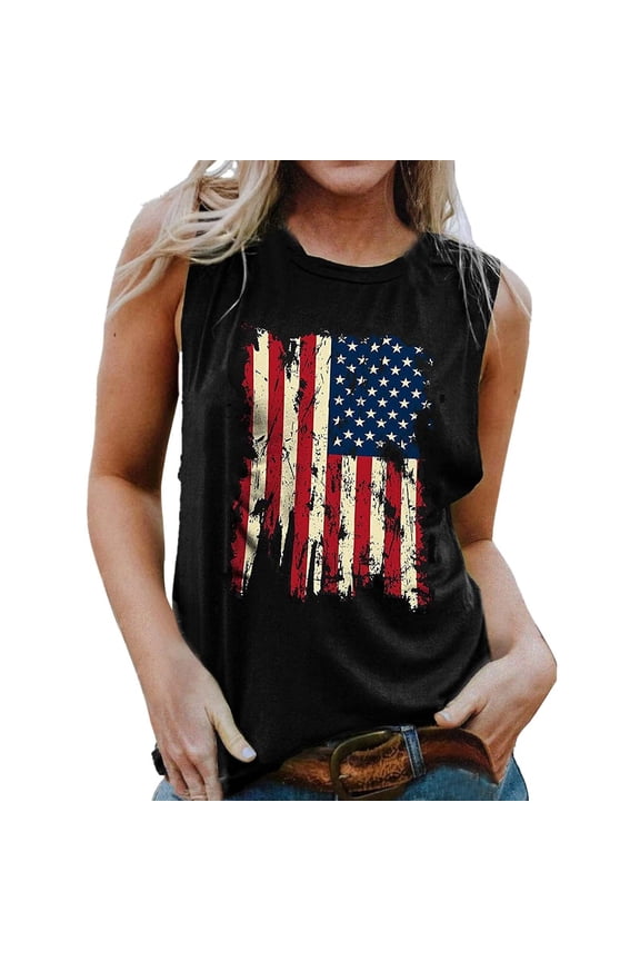Womens Tee Casual Patriotic Sleeveless Flag Star Stripe Print Beach Vacation Clothes for Women,Black,M