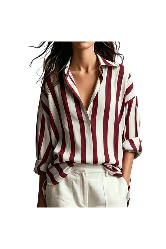 Womens Tee Casual Striped Button Down Long Sleeve Tunic Petite Tops for Women,Red,S