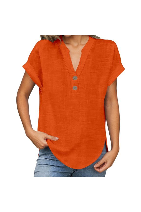 Womens Tee Fashion Solid Color V Neck Linen Short Sleeved Y2K Tops,Orange,2XL
