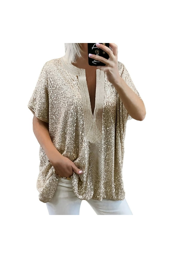 Womens Tee Loose Sequin V Neck Short Sleeved Short Sleeved Womens New Clothing,Gold,M
