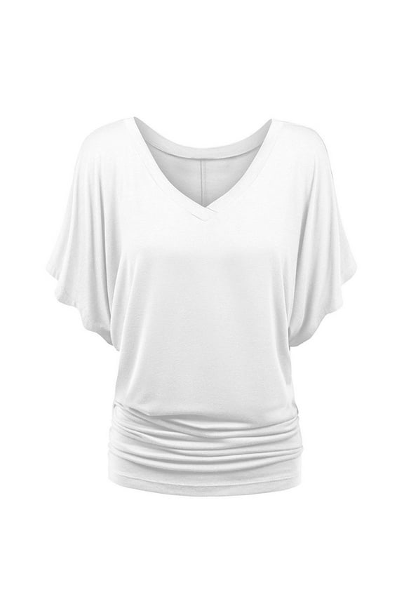 Womens Tee Plus V Neck Sleeve Batwing Loose Fashion Size Fold Hem Ladies Clothing,White,S
