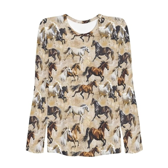 Womens Tee Printed Long Sleeved Round Neck Womens Summer Clothes,Beige,S