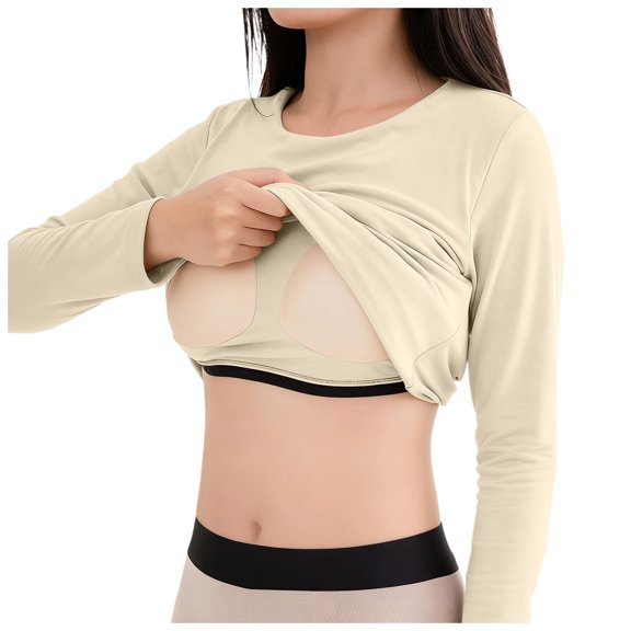 Womens Tee Seamless Thermal Under Built In Bra Soft Base Layer Womens Tank Tops,Beige,L