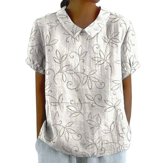 Womens Tee Shirts Linen Lapel Art Floral Round Neck Button Loose Pullover Top Casual Shirt T Shirt Plus Size Tops for Women