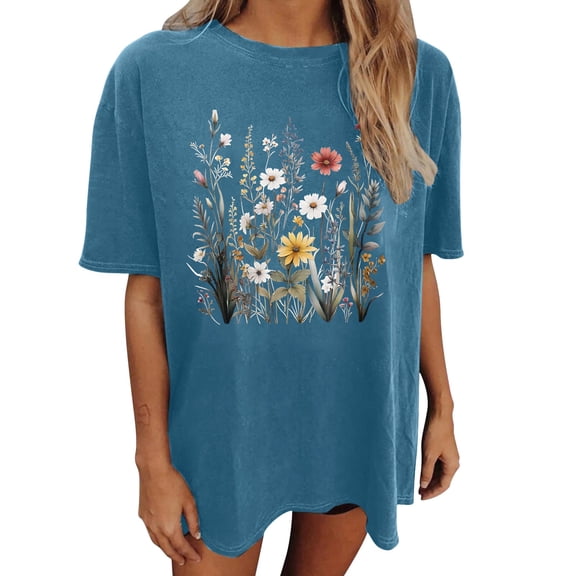 Womens Tee Short Sleeve Loose Fit Graphic Print Round Neck Wear Business Casual Clothing for Women,Blue,M