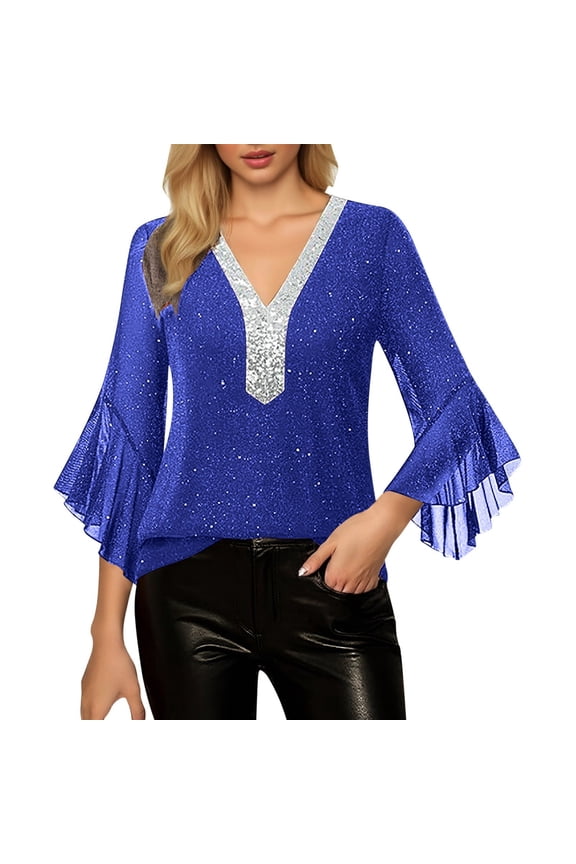 Womens Tee Solid Color Mesh Silver Gold Sequins 3/4 Sleeve V Neck Womens Blouse,Blue,M
