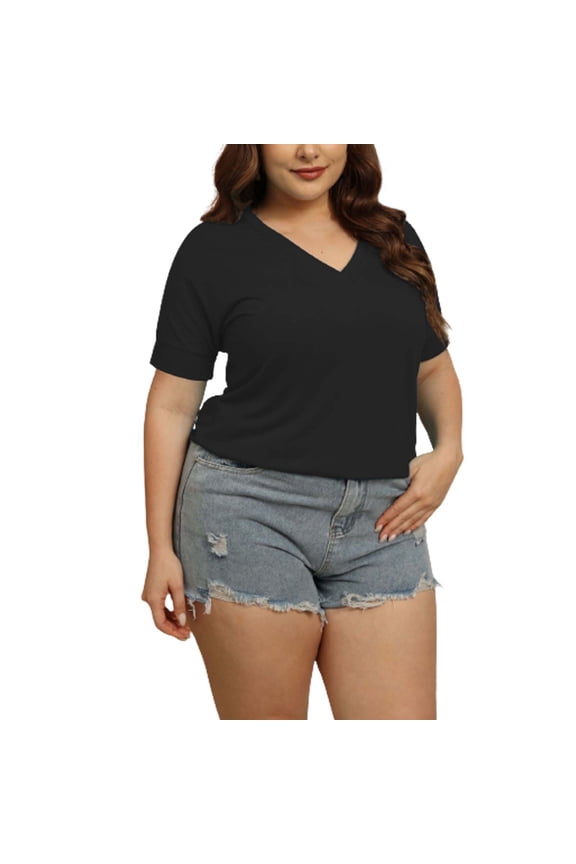 Womens Tee Solid V Neck Short Sleeve Loose Womens New Clothing,Black,XL