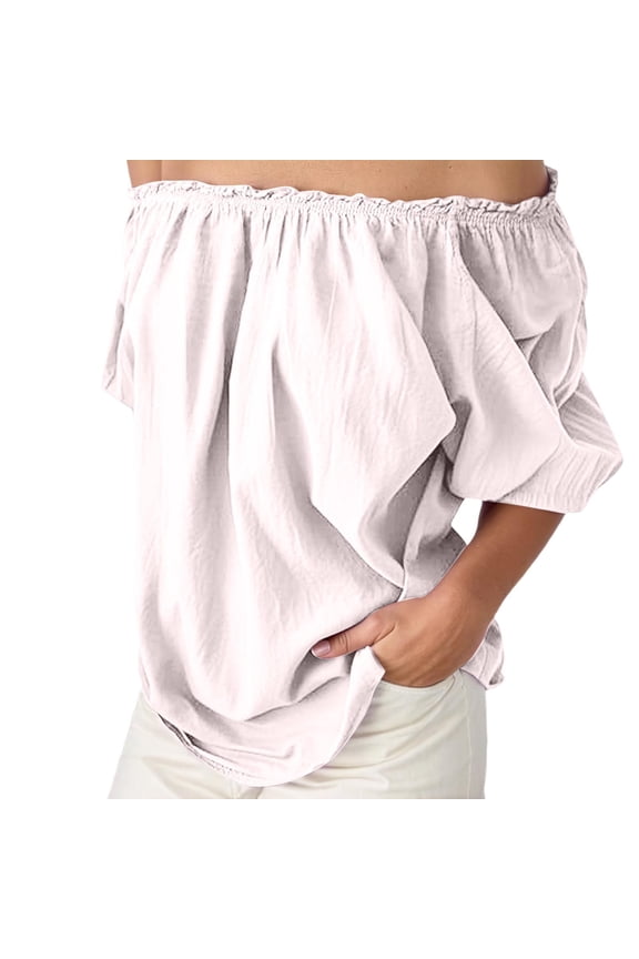 Womens Tee off Shoulder Ruffle Long Sleeve Elegant Elastic Rugby Shirt for Women,White,5XL