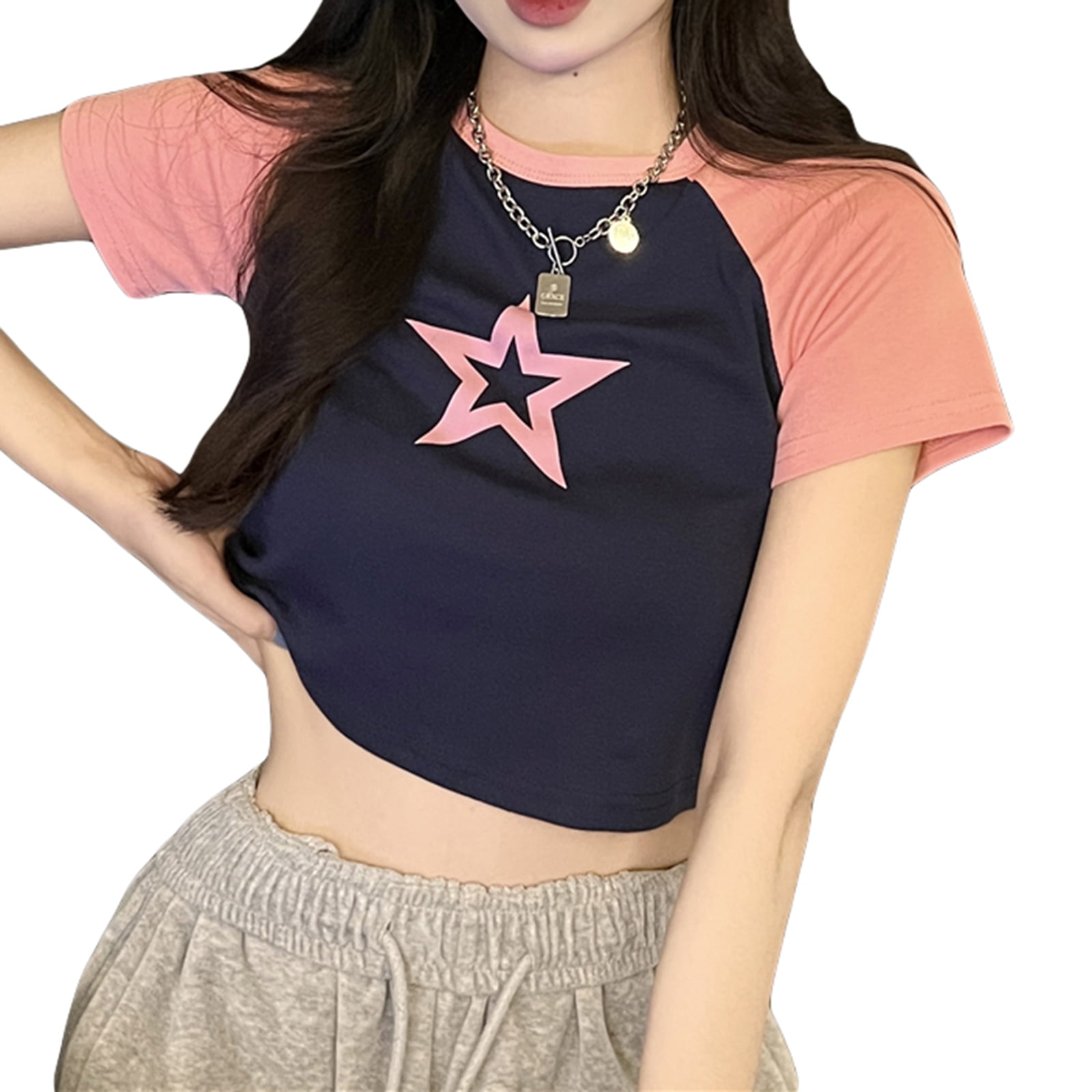 Womens Teen E Girls Y2k Vintage Aesthetic Star Graphic Print Crop Tops  Fairy Grunge Baby Tees Shirt 