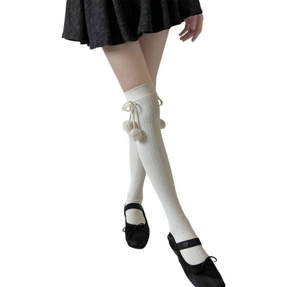 Womens Teens Leg Warmer Twist Pattern Thigh High Boot Socks Solid Color Sweet Plush Balls Bows Over Knee Long Stockings