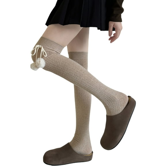 Womens Teens Leg Warmer Twist Pattern Thigh High Boot Socks Solid Color Sweet Plush Balls Bows Over Knee Long Stockings
