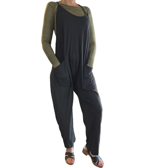 Womens Teens Overalls Coveralls Jumpsuit Romper sleeveless long pant comfort fashion pre shrunk 2025 fashion by Cape Sports EBONY BLACK LARGE