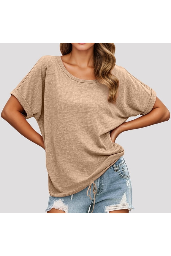 Womens Tees Casual Round Neck Drawstring Hem Short Sleeve T Shirt Women Tops Khaki S