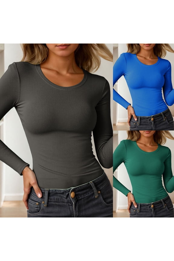Womens Tees Ladies Ribbed Crew Neck Long Sleeve Slim Fit Basic T Shirt Blue L