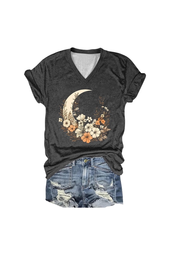 Womens Tees Loose Fit Casual Short Sleeve Graphic V Neck Hot Topic T Shirt Summer Tops for Women Dark Gray M