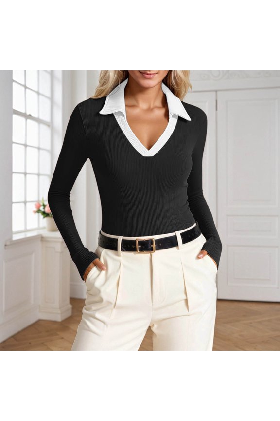 Womens Tees Loose Fit Elegant Collar Turtleneck Long Sleeve Slim Fit Basic Fall Boho Tops for Women Black L