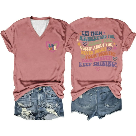 Womens Tees Shirts Let Them Misunderstand You Letter Double Printed V Neck Plus Size Womens Clothing,Red,2XL