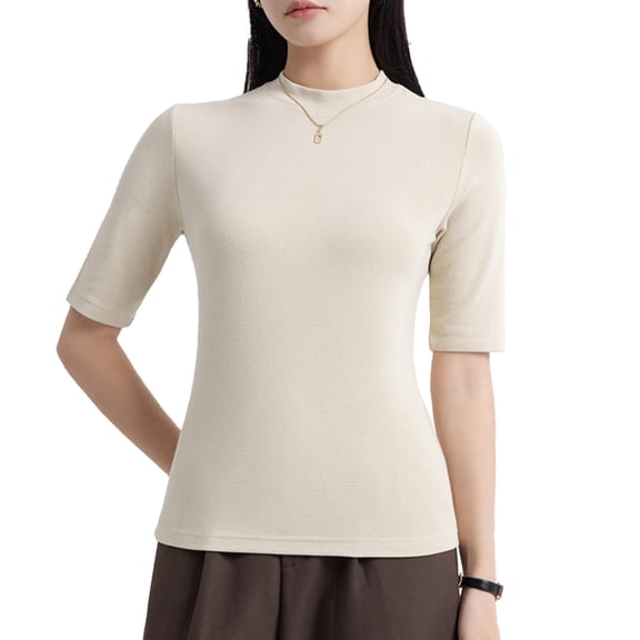 Womens Tees Shirts Mock Turtle Neck Slim Fit Half Elbow Short 3/4 Sleeve Tight Plus Size Womens Clothing,Beige,XL