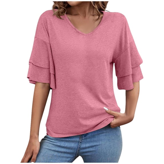 Womens Tees Shirts Solid Color V Neck With Double Layer Flared Mid Sleeves Loose Fit Plus Size Womens Clothing,Red,S