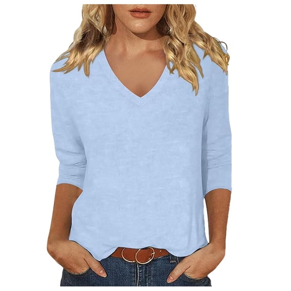 Womens Tees Shirts V Neck Fashionable Comtable Fit Quarter Sleeved Womens Summer Outfits,Sky Blue,2XL