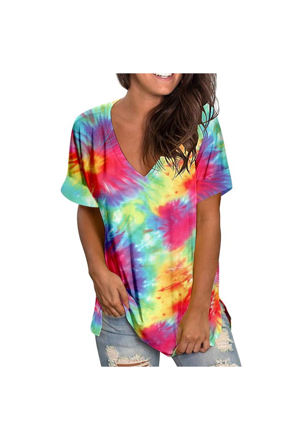 Womens Tees Short Sleeve V-Neck Basic Y2K Vacation T Shirts Oversized Tie Dye Print Summer Tops Fashion 2026