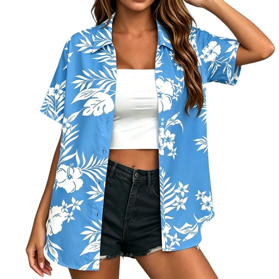 Womens Tees Short Sleeved Floral Tropical Print Button Down Tees for Teens Girls,Sky Blue,S