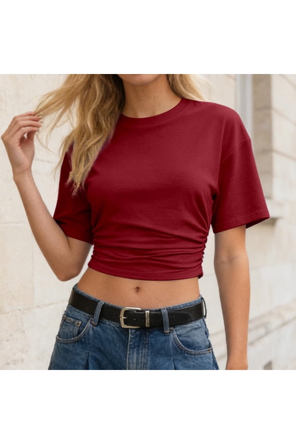 Womens Tees Summer Stretch Solid Round Neck Fitted Crop Top with Waistband Womens Tops Red S