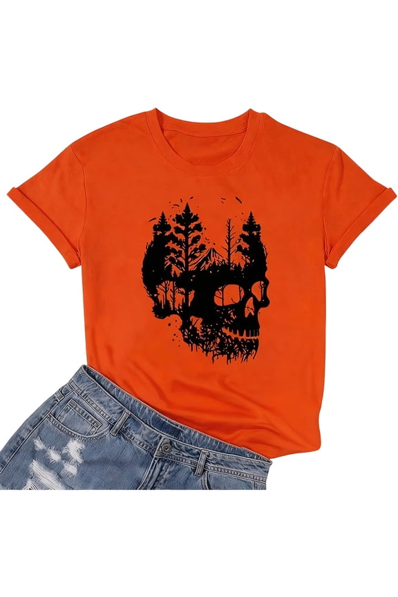 Womens Tees Tops Gothic Casual Gaphic Summer Short Sleeve Dressy Blouse Orange M