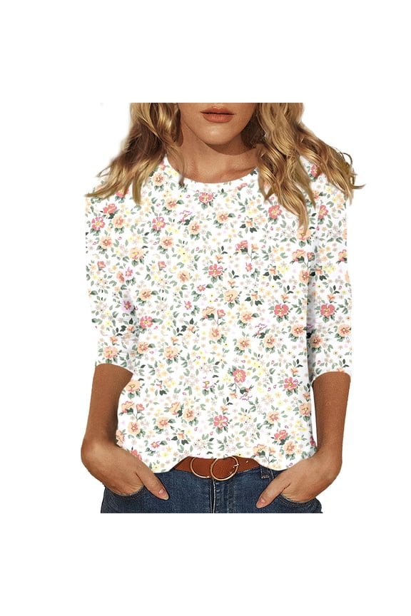 Womens Tees Tops leeve Round Neck Casual Plus Autumn Loose Three Point Sleeve Workout Clothes Beige 2XL