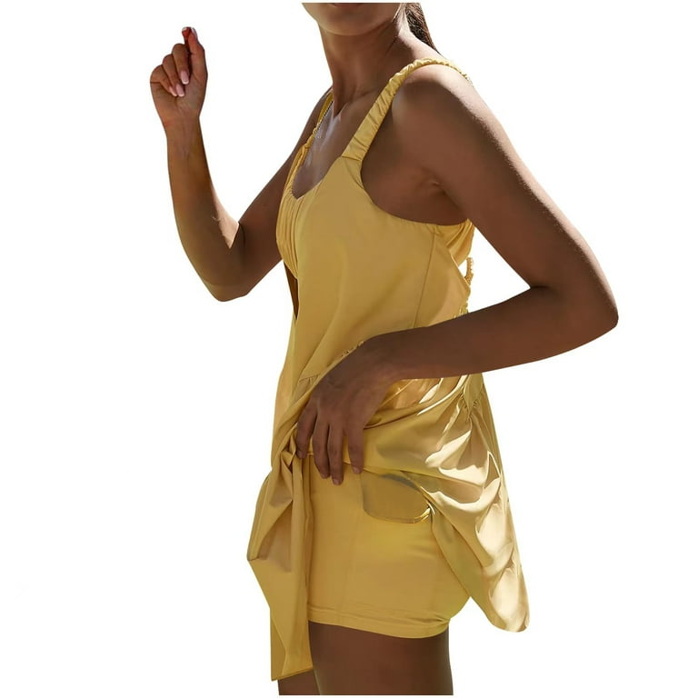 Womens Tennis Dress Built-In Bra and Shorts Workout Dresses Casual  Sleeveless Backless Athletic Golf Dress Short Romper