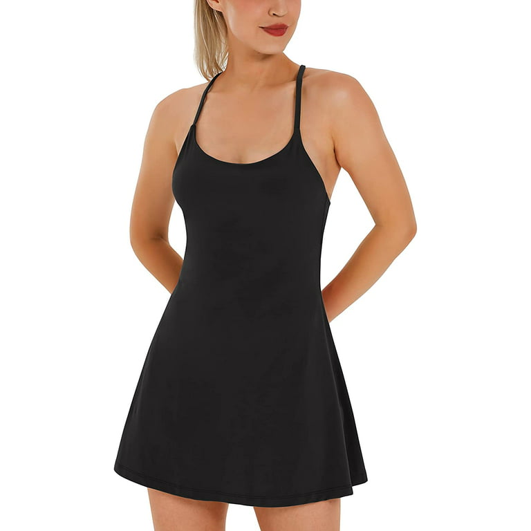 Women's Tennis Dress, Workout Golf Dress Built-in with Bra & Shorts Pocket Sleeveless  Athletic Dresses Black(adjustable Straps) X-Small