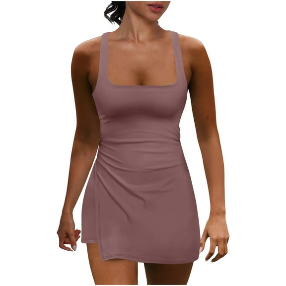 Womens Tennis Dress with Built in Shorts, Square Neck Sleeveless Athletic Dresses Workout Mini Skort Dress Golf Outfits