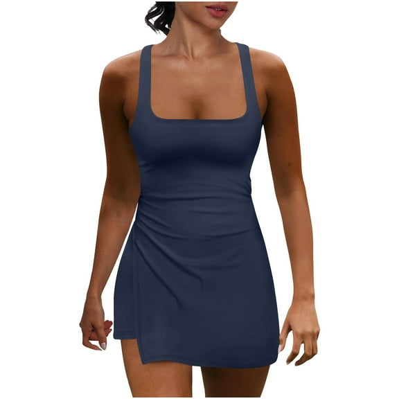 Womens Tennis Dress with Built in Shorts, Square Neck Sleeveless Athletic Dresses Workout Mini Skort Dress Golf Outfits
