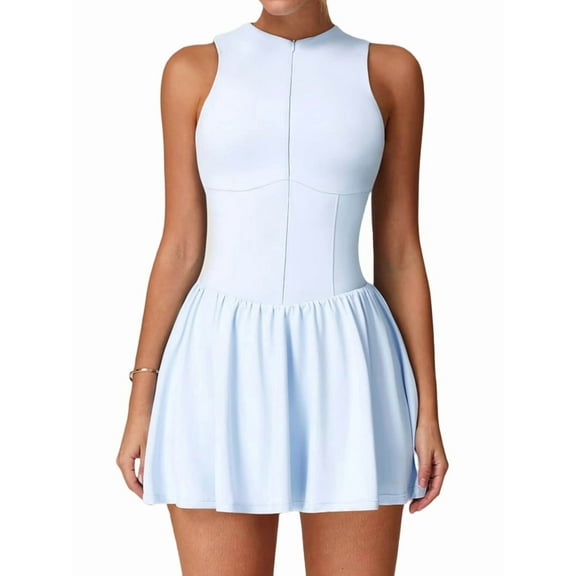 Womens Tennis Golf Dress with Built-in Bra Shorts Zipper Slim Fit A-Line Hem Skirt Athletic with Pockets Blue M
