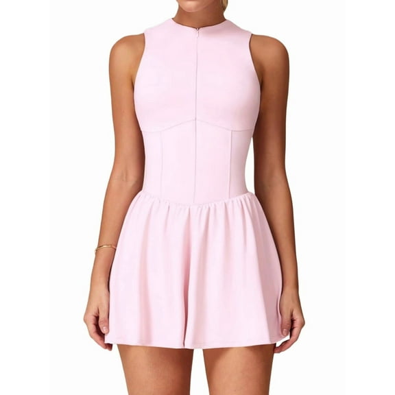Womens Tennis Golf Dress with Built-in Bra Shorts Zipper Slim Fit A-Line Hem Skirt Athletic with Pockets Pink L