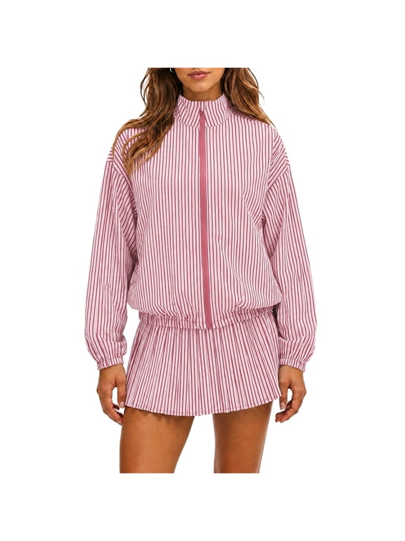 Womens Tennis Jackets Striped 2 Piece Outfits Casual Stand Collar Zip Up Fall Coat & Pleated Mini Skirts Workout Tracksuits 2XL