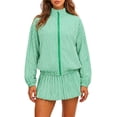 thumbnail image 1 of Womens Tennis Jackets Striped 2 Piece Outfits Casual Stand Collar Zip Up Fall Coat & Pleated Mini Skirts Workout Tracksuits S, 1 of 6