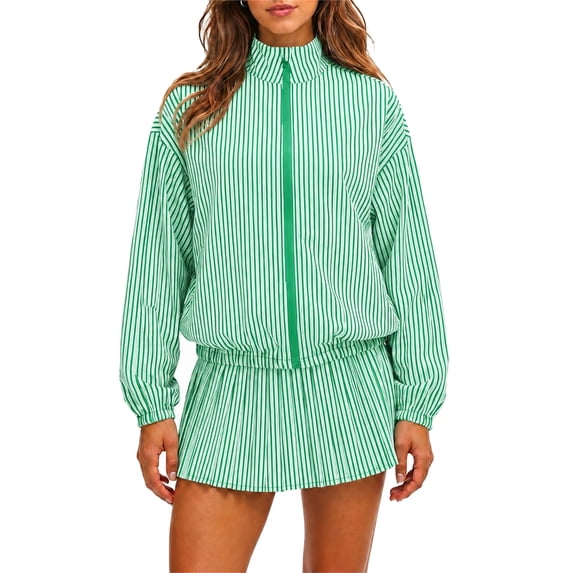 Womens Tennis Jackets Striped 2 Piece Outfits Casual Stand Collar Zip Up Fall Coat & Pleated Mini Skirts Workout Tracksuits S