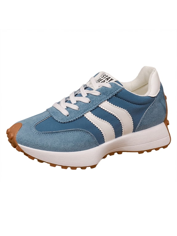 Womens Tennis Shoes Retro Splice Suede Trainer Althetic Shoes Casual Antislip Sneakers Lace up Running Shoes Blue Size 6.5