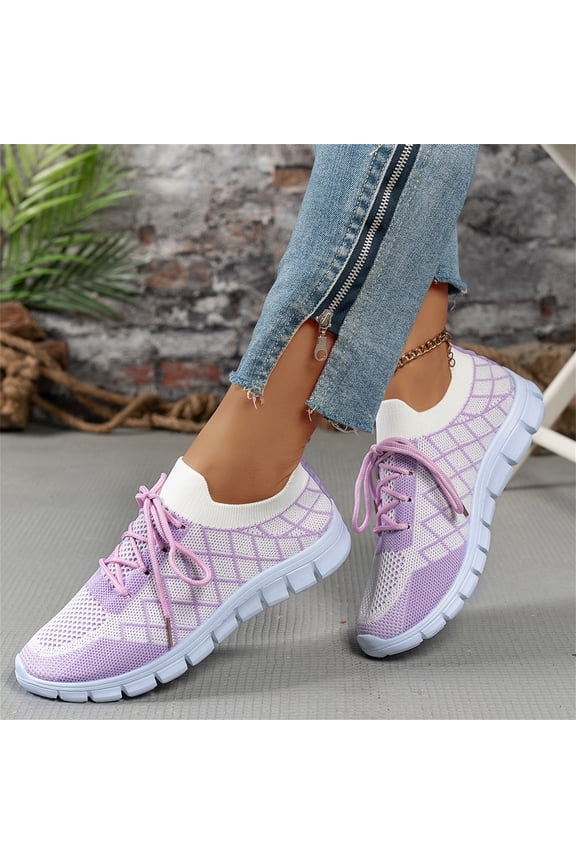 Womens Tennis Shoes, Womens Walking Shoes, Walking Shoes Women, Women Classic Plus Size Fly Knit Round Toe Casual Flats Lightweight Comfort Walking Footwear Soft Sole Daily Shoes, Purple 8
