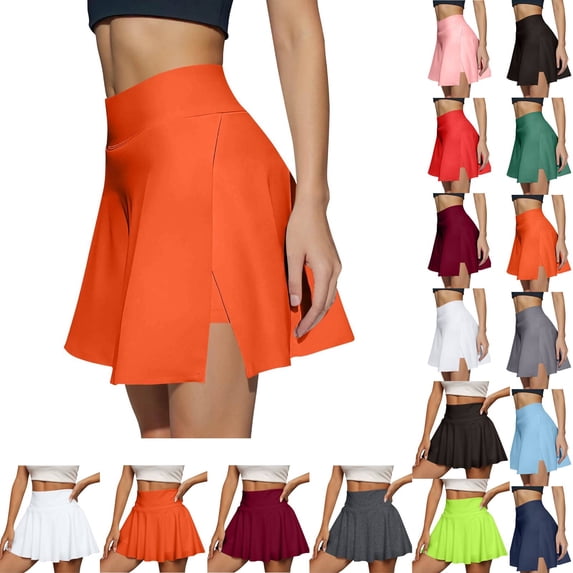 Womens Tennis Skirt High Waisted Tummy Control Mini Athletic Skorts with Pockets Casual Flowy Side Slit Golf Skirts Orange XL