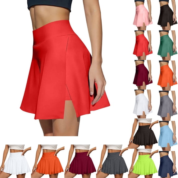 Womens Tennis Skirt High Waisted Tummy Control Mini Athletic Skorts with Pockets Casual Flowy Side Slit Golf Skirts Red L