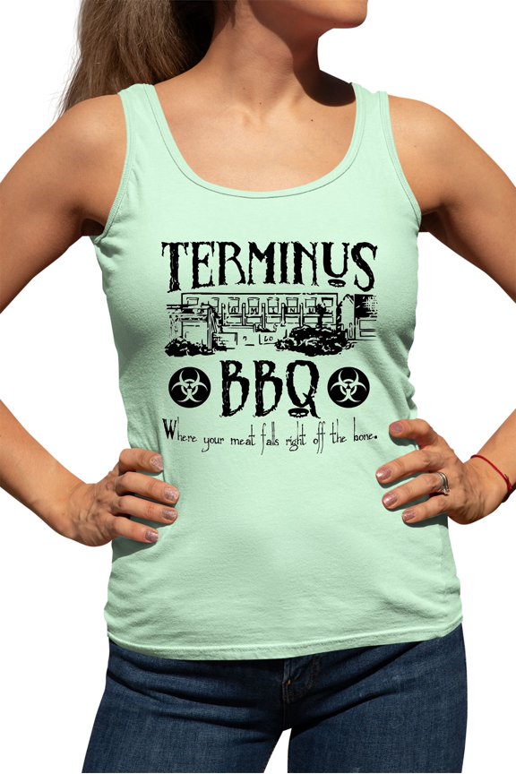 Womens Terminus BBQ Funny Zombie Apocalypse Racerback Tank Top T-Shirt